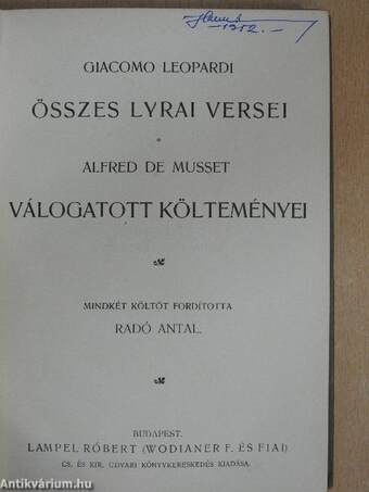 Giacomo Leopardi összes lyrai versei/Alfred de Musset válogatott költeményei