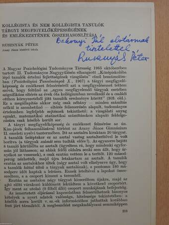 Kollégista és nem kollégista tanulók tárgyi megfigyelőképességének és emlékezetének összehasonlítása (dedikált példány)