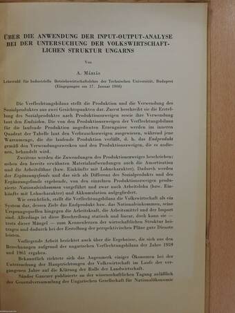 Über die Anwendung der Input-Output-Analyse bei der Untersuchung der Volkswirtschaftlichen Struktur Ungarns (aláírt példány)