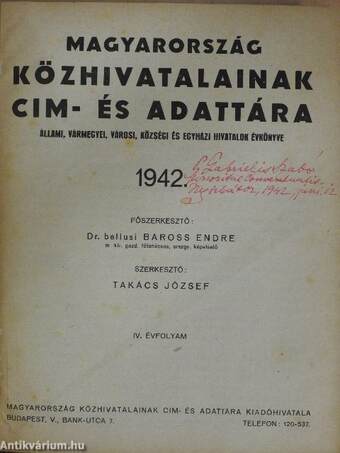 Magyarország közhivatalainak cím- és adattára 1942.