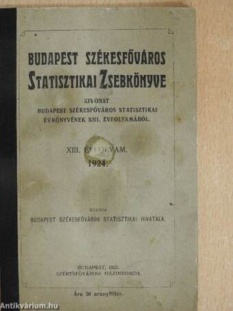 Budapest Székesfőváros Statisztikai Zsebkönyve 1924.