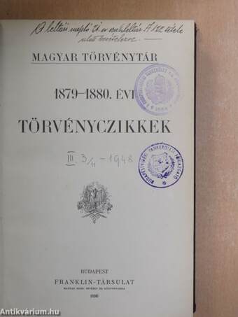 1879-1880. évi törvényczikkek (rossz állapotú)