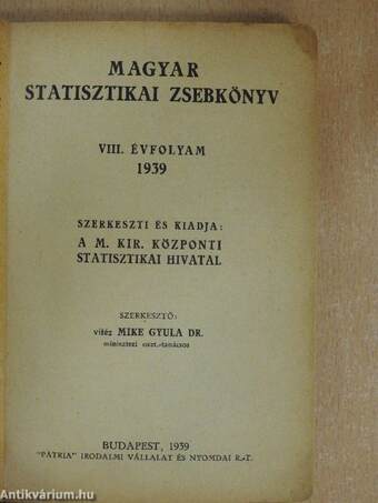 Magyar statisztikai zsebkönyv 1939.