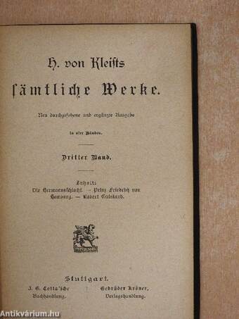 H. von Kleists sämtliche Werke in vier Bänden III. (gótbetűs) (töredék)
