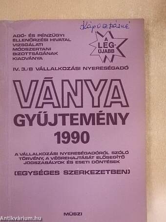 IV. 3./B Vállalkozási nyereségadó Ványa gyűjtemény 1990