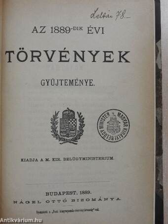 Az 1889-dik évi törvények gyűjteménye