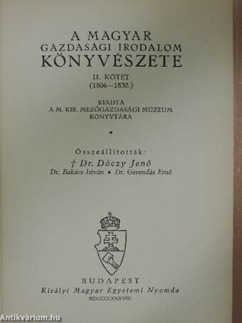 A magyar gazdasági irodalom könyvészete II. 1806-1830.