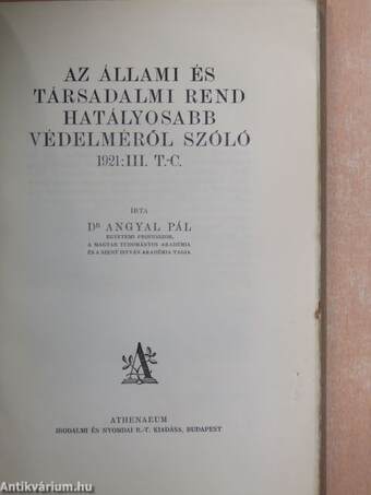 Az állami és társadalmi rend hatályosabb védelméről szóló 1921: III. T.-C.