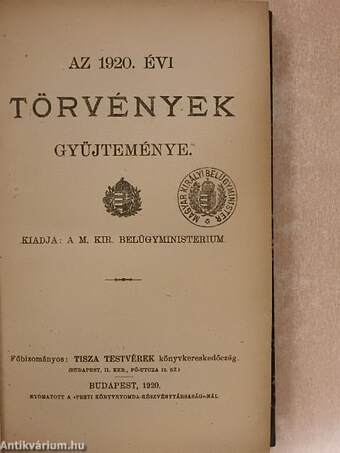 Az 1920. évi törvények gyüjteménye