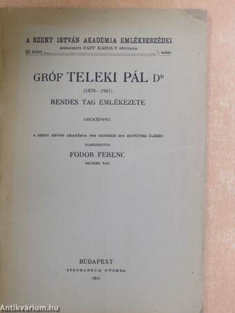 Gróf Teleki Pál Dr (1879-1941) rendes tag emlékezete