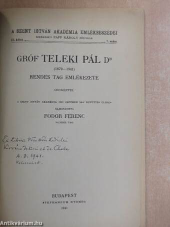 Gróf Teleki Pál Dr (1879-1941) rendes tag emlékezete