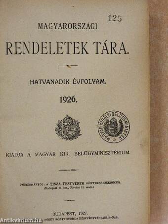 Magyarországi rendeletek tára 1926. I.