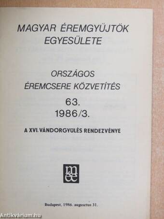 Magyar Éremgyűjtők Egyesülete Országos éremcsere közvetítés 1986/3