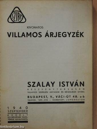 Kivonatos villamos árjegyzék