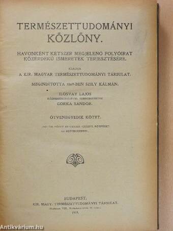 Természettudományi Közlöny 1919./Pótfüzetek a Természettudományi Közlönyhöz 1919. (Nem teljes évfolyam)