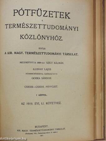 Természettudományi Közlöny 1919./Pótfüzetek a Természettudományi Közlönyhöz 1919. (Nem teljes évfolyam)