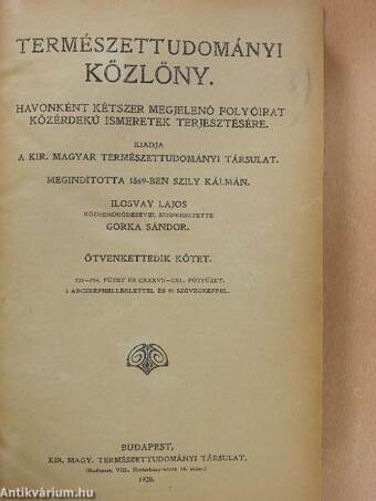 Természettudományi Közlöny 1920. január-december/Pótfüzetek a Természettudományi Közlönyhöz 1920. január-december