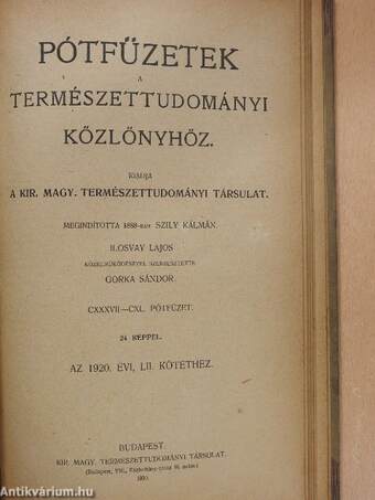 Természettudományi Közlöny 1920. január-december/Pótfüzetek a Természettudományi Közlönyhöz 1920. január-december