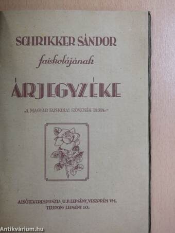 Schrikker Sándor faiskolájának árjegyzéke