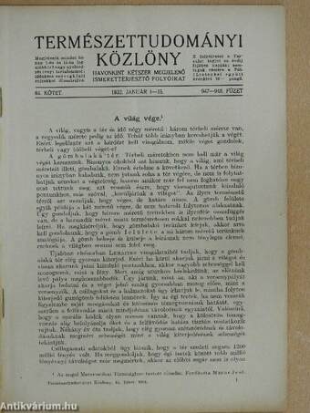 Természettudományi Közlöny 1932. (nem teljes évfolyam)/Pótfüzetek a Természettudományi Közlönyhöz 1932. január-december