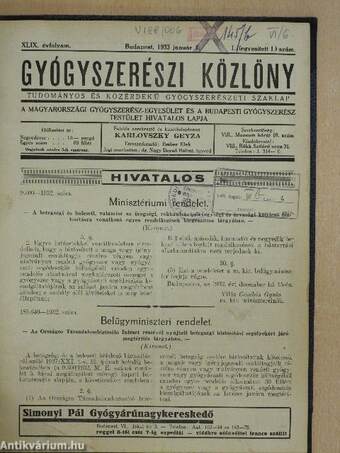 Gyógyszerészi Közlöny 1933. január-november (nem teljes évfolyam)