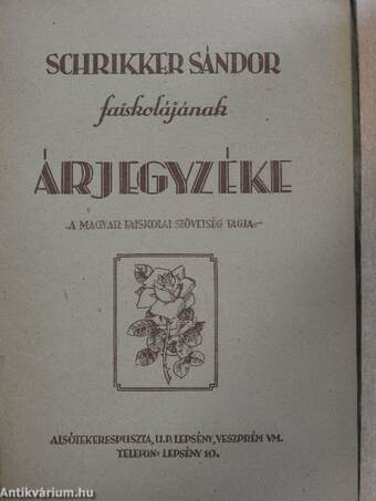 Schrikker Sándor faiskolájának árjegyzéke