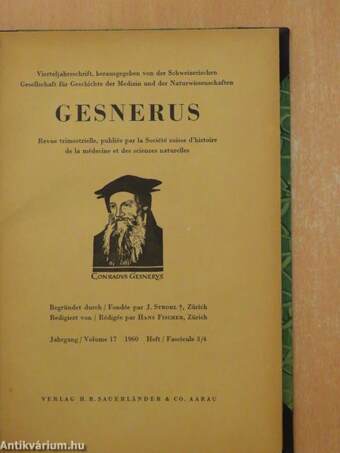 Gesnerus 1960. Jahrgang/Volume 17. Heft/Fascicule 3/4