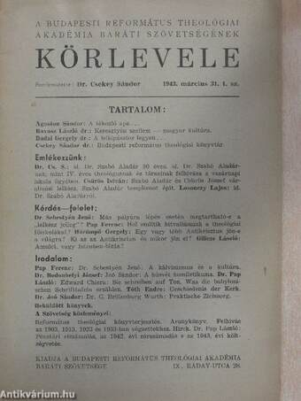 A Budapesti Református Theológiai Akadémia Baráti Szövetségének körlevele 1943. március 31.