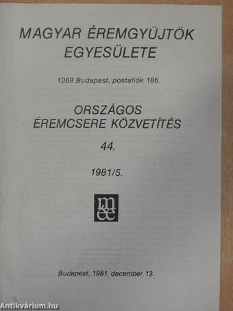 Magyar Éremgyűjtők Egyesülete Országos éremcsere közvetítés 1981/5