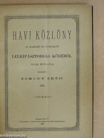 Havi közlöny az elméleti és gyakorlati lelkipásztorság köréből 1882.