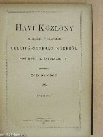 Havi közlöny az elméleti és gyakorlati lelkipásztorság köréből 1883.