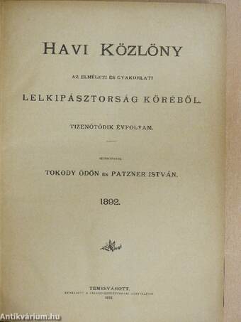 Havi közlöny az elméleti és gyakorlati lelkipásztorság köréből 1892.