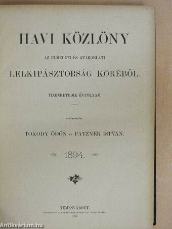 Havi közlöny az elméleti és gyakorlati lelkipásztorság köréből 1894.