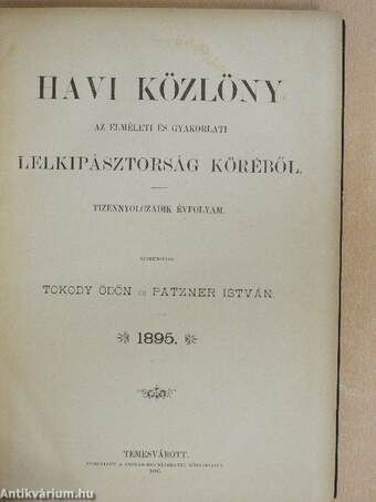 Havi közlöny az elméleti és gyakorlati lelkipásztorság köréből 1895.