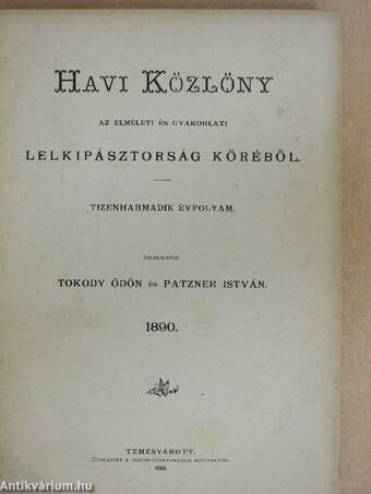 Havi közlöny az elméleti és gyakorlati lelkipásztorság köréből 1890.