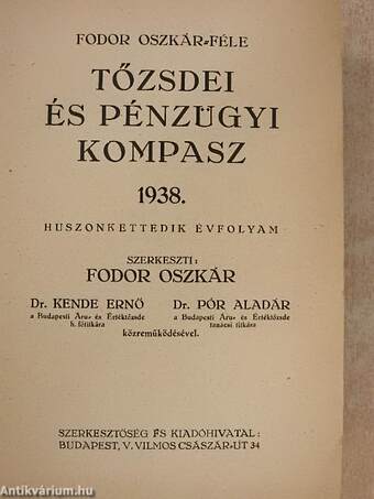 Fodor Oszkár-féle Tőzsdei és pénzügyi kompasz 1938.