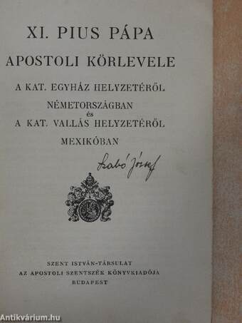 XI. Pius pápa Apostoli körlevele