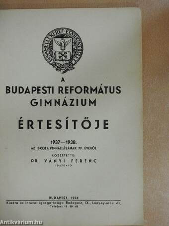 A Budapesti Református Gimnázium értesítője 1937-38.