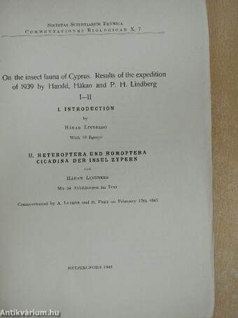 On the insect fauna of Cyprus. Results of the expedition of 1939 by Harald, Hakan and P. H. Lindberg I-III.