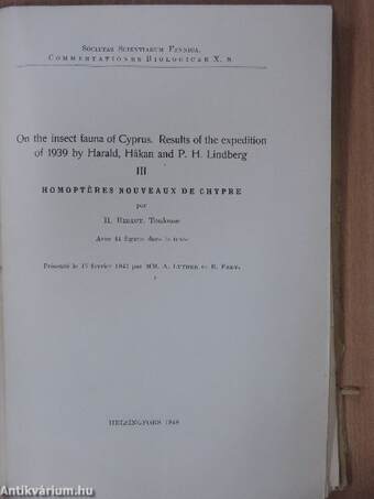 On the insect fauna of Cyprus. Results of the expedition of 1939 by Harald, Hakan and P. H. Lindberg I-III.