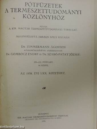 Természettudományi Közlöny 1938. január-december/Pótfüzetek a Természettudományi Közlönyhöz 1938. január-december