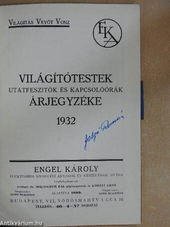 Világítótestek utátfeszitők és kapcsolóórák árjegyzéke 1932