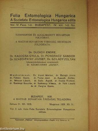 Folia Entomologica Hungarica 1938/1-2.