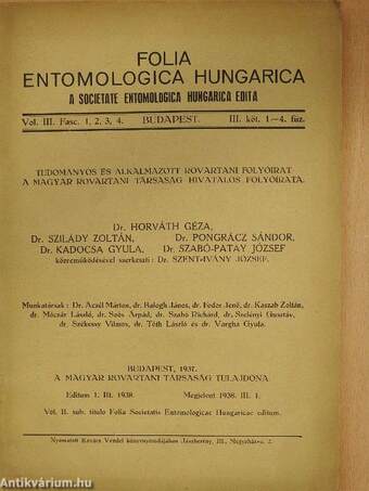 Folia Entomologica Hungarica 1937/1-4.