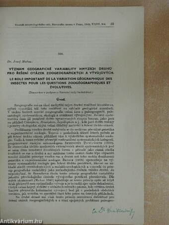 Vyznam geografické variability hmyzích druhu pro resení otázek zoogeografickych a vyvojovych