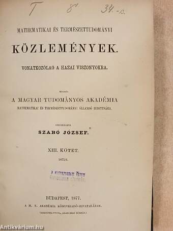 Mathematikai és természettudományi közlemények XIII. (töredék)