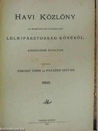 Havi közlöny az elméleti és gyakorlati lelkipásztorság köréből 1892.