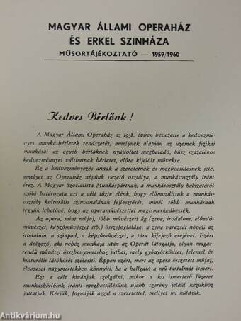 Magyar Állami Operaház és Erkel Színháza tájékoztató az 1959-1960 évadra - Munkásbérlet