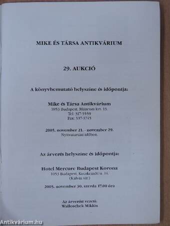 Mike és Társa Antikvárium 29. Aukció