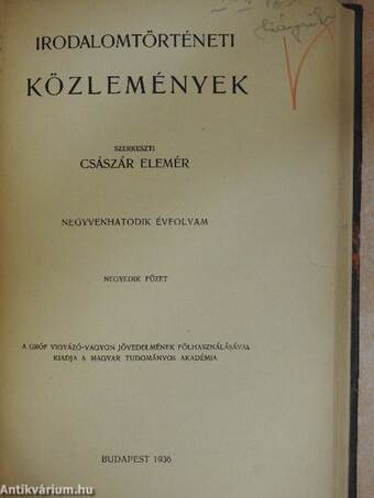 Irodalomtörténeti Közlemények 1936-1937. (vegyes számok) (6 db)